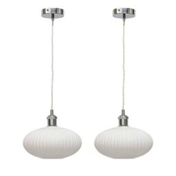 First Choice Lighting Set of 2 Baton - White Ribbed Oval Glass Chrome Retro Pendant Fittings - thumbnail 1