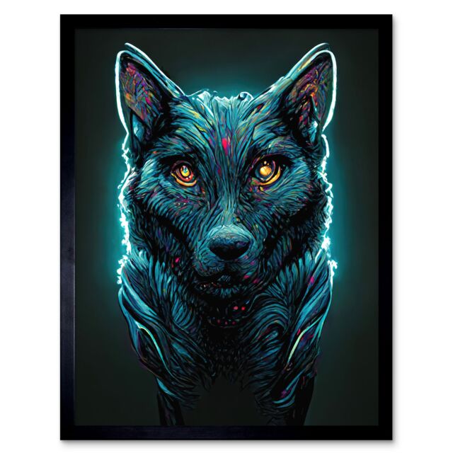 "Artery8 Wall Art Print Electric Blue Luminescent Wolf Spirit Animal Guide Art Framed in Black - Size: W12"" x H16""" - image 1