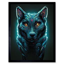 "Artery8 Wall Art Print Electric Blue Luminescent Wolf Spirit Animal Guide Art Framed in Black - Size: W12"" x H16""" - thumbnail 1