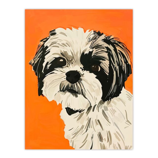 "Artery8 Dog Lover Cute Shih Tzu Vibrant Orange Portrait Wall Art Print - Size: W12"" x H16""" - image 1