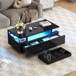 BTM High Gloss Coffee Table LED Glass Top 2 Drawers Tray Table Black - thumbnail 1