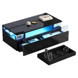 BTM High Gloss Coffee Table LED Glass Top 2 Drawers Tray Table Black - thumbnail 8