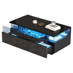 BTM High Gloss Coffee Table LED Glass Top 2 Drawers Tray Table Black - thumbnail 6
