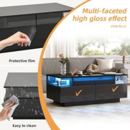 BTM High Gloss Coffee Table LED Glass Top 2 Drawers Tray Table Black - thumbnail 4