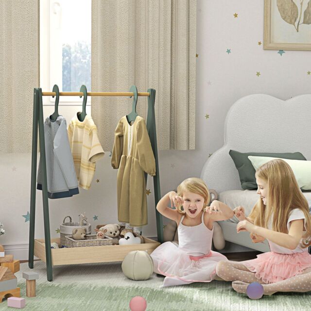 AIYAPLAY Kids Clothes Rail with Hangers, Base Shelf for Girls, Boys, Green - image 1