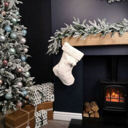 Samuel Alexander 50cm Winter White Faux Fur Hanging Christmas Stocking with Pom Poms - thumbnail 3