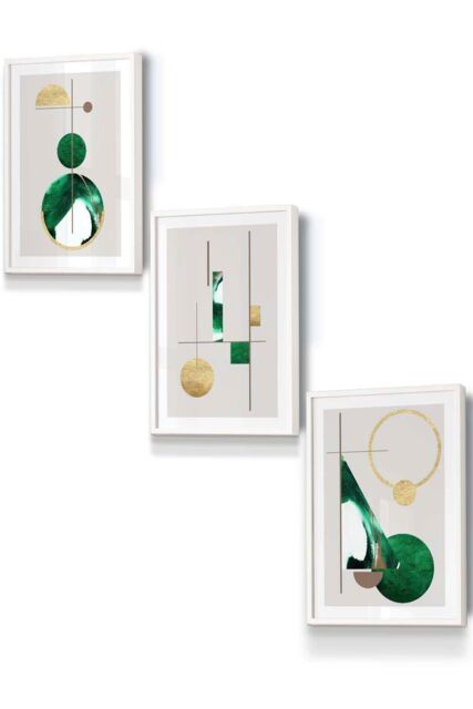 ARTZE Abstract Textured Geometric Art in Green & Gold Framed Wall Art - Small in White - Size: W33 cm x H45 cm x D20mm - image 1