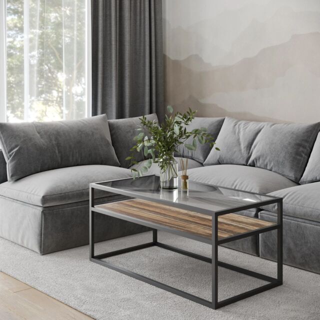 EONLION Glass Display Top Coffee Table with Steel Frame Reversible Wooden Storage Shelf in Brown - image 1