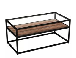 EONLION Glass Display Top Coffee Table with Steel Frame Reversible Wooden Storage Shelf in Brown - thumbnail 3