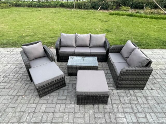 Fimous 8 Seater Garden Furniture Set Rattan Outdoor Lounge Sofa Chair With Tempered Glass Table Footstool Dark Grey Mixed - image 1
