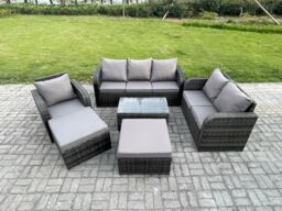 Fimous 8 Seater Garden Furniture Set Rattan Outdoor Lounge Sofa Chair With Tempered Glass Table Footstool Dark Grey Mixed - thumbnail 2