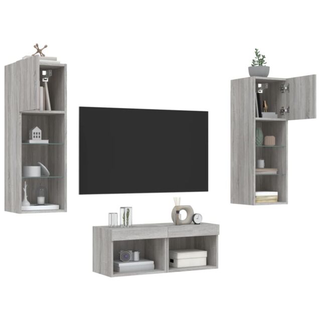 Berkfield Home 4 Piece TV Wall Cabinets with LED Lights Grey Sonoma - image 1