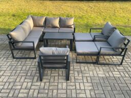Fimous 10 Seater Aluminium Outdoor Garden Furniture Set Patio Lounge Sofa with Oblong Coffee Table Chair 2 Big Footstools Dark Grey - thumbnail 1
