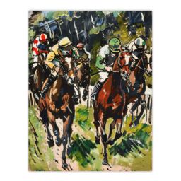 "Artery8 Jockeys in Horse Racing Scene Modernist Painting Wall Art Print in Green - Size: W12"" x H16""" - thumbnail 1