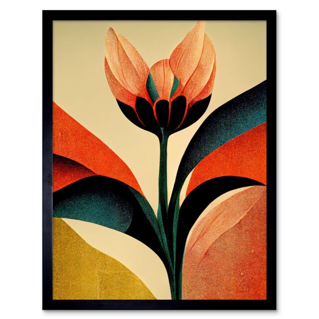 "Artery8 Wall Art Print Abstract Flower Art Deco Symmetry Painting Art Framed in Black - Size: W12"" x H16""" - image 1