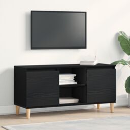 Berkfield Home TV Cabinet with Wooden Leg Black Oak 102x35x50 cm - Size: 102 x 35 x 50 cm - thumbnail 1