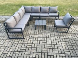 Fimous 8 Seater Patio Outdoor Garden Furniture Aluminium Lounge Corner Sofa Set with Square Coffee Table Dark Grey - thumbnail 2
