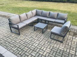 Fimous 8 Seater Patio Outdoor Garden Furniture Aluminium Lounge Corner Sofa Set with Square Coffee Table Dark Grey - thumbnail 1