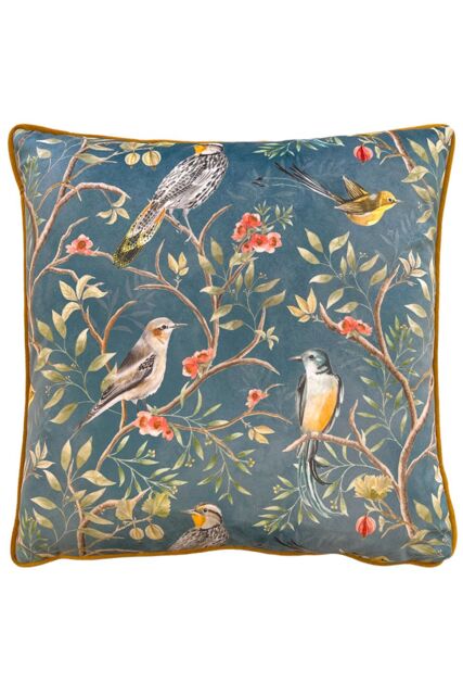 Wylder Tropics Orient Chinoiserie Birds Printed Piped Velvet Cushion in Dark Blue - Size: 43 cm x 43 cm - image 1