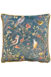 Wylder Tropics Orient Chinoiserie Birds Printed Piped Velvet Cushion in Dark Blue - Size: 43 cm x 43 cm