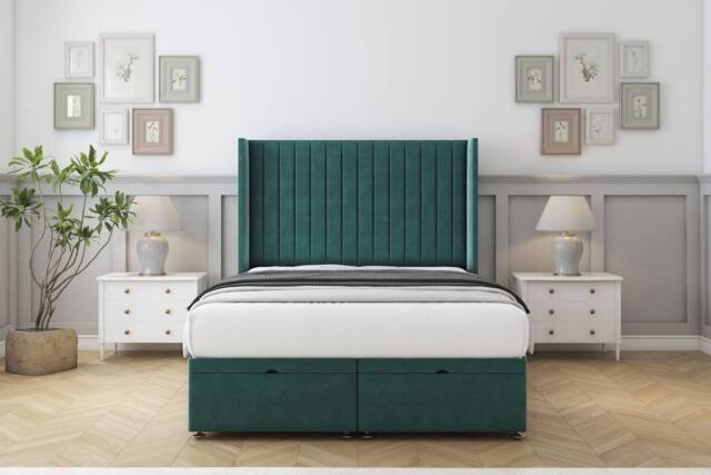 "Comfort Beds Chester Plush Ottoman Bed Base-54"" Wingback Headboard in Emerald - Size: Single" - image 1