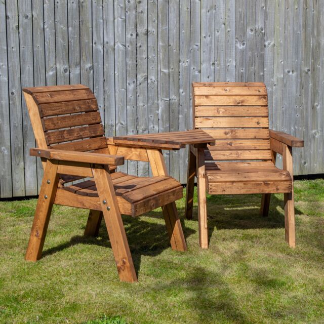 Samuel Alexander Hand Made 2 Seater Chunky Rustic Wooden Love Seat with Tray Assembled in Brown