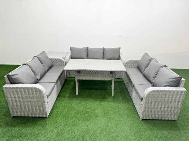 Fimous PE Rattan Lounge Sofa Set 9 Seater Outdoor Garden Furniture Set with Rectangular Dining Table 3 Seater Sofa Side Table Light Grey - image 1