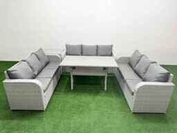 Fimous PE Rattan Lounge Sofa Set 9 Seater Outdoor Garden Furniture Set with Rectangular Dining Table 3 Seater Sofa Side Table Light Grey - thumbnail 2