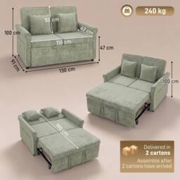 HOMCOM 2 Seater Sofa Bed, 3-in-1 Convertible Pull Out Sofa Bed, Light Green - thumbnail 3