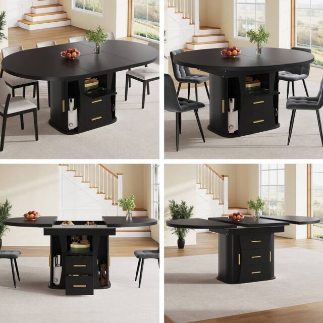 Matteo Black MDF Extendable Round to Oval Dining Table, 6 Seater, Storage - image 1