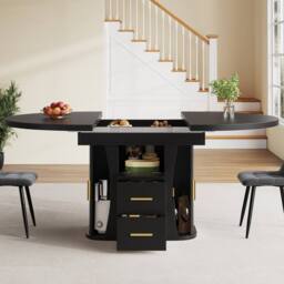 Matteo Black MDF Extendable Round to Oval Dining Table, 6 Seater, Storage - thumbnail 6