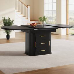 Matteo Black MDF Extendable Round to Oval Dining Table, 6 Seater, Storage - thumbnail 2