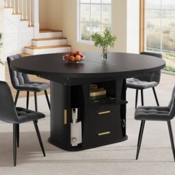 Matteo Black MDF Extendable Round to Oval Dining Table, 6 Seater, Storage - thumbnail 3