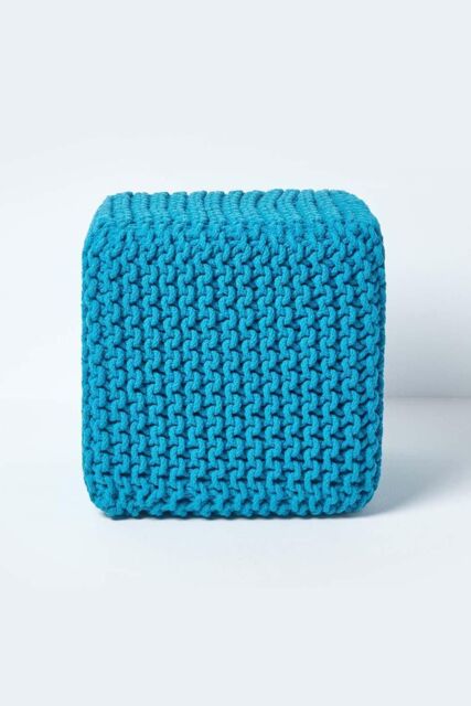 Homescapes Cube Cotton Knitted Pouffe Footstool in Teal - image 1