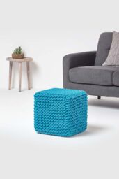 Homescapes Cube Cotton Knitted Pouffe Footstool in Teal - thumbnail 2