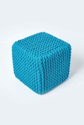 Homescapes Cube Cotton Knitted Pouffe Footstool in Teal - thumbnail 3