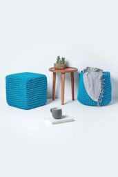 Homescapes Cube Cotton Knitted Pouffe Footstool in Teal - thumbnail 6