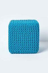 Homescapes Cube Cotton Knitted Pouffe Footstool in Teal