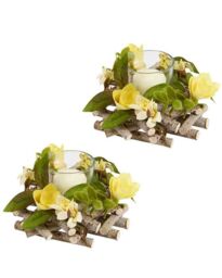Dibor Set of 2 Floral Yellow Table Decoration Christmas Candle Holders Dia13cm - Size: Small - thumbnail 2