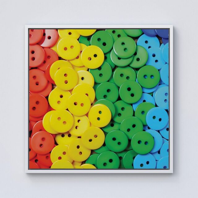 "Warren Reed - Designer Colourful Buttons Pattern Framed Canvas in Off-White - Size: W16"" x H16""" - image 1
