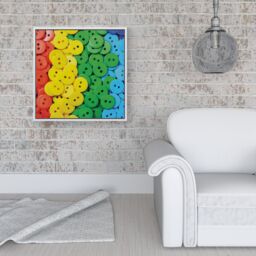 "Warren Reed - Designer Colourful Buttons Pattern Framed Canvas in Off-White - Size: W16"" x H16""" - thumbnail 2
