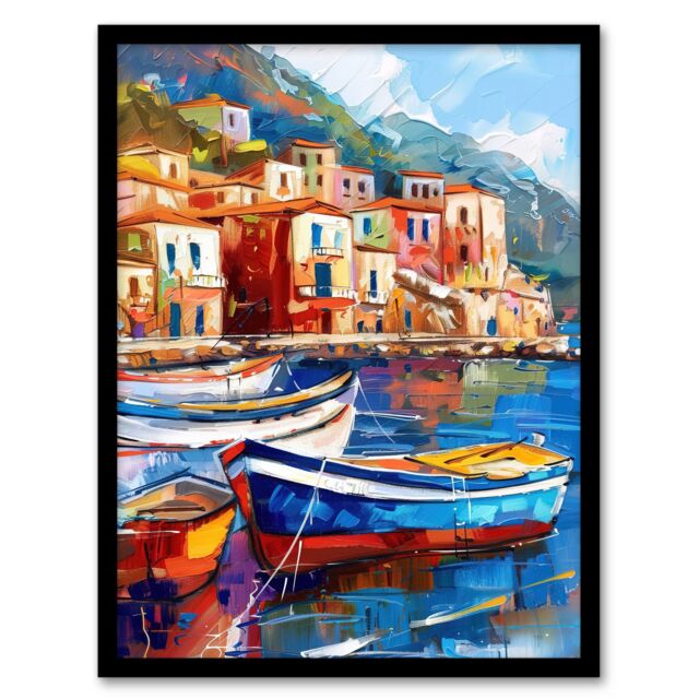 "Artery8 Colourful Fishing Village Oil Painting Harbour Framed Art Print in Blue - Size: W12"" x H16""" - image 1