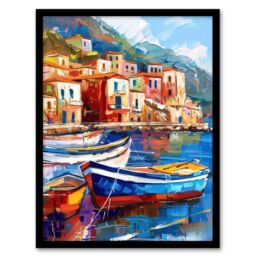 "Artery8 Colourful Fishing Village Oil Painting Harbour Framed Art Print in Blue - Size: W12"" x H16""" - thumbnail 1