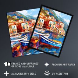 "Artery8 Colourful Fishing Village Oil Painting Harbour Framed Art Print in Blue - Size: W12"" x H16""" - thumbnail 2