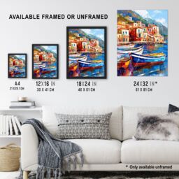 "Artery8 Colourful Fishing Village Oil Painting Harbour Framed Art Print in Blue - Size: W12"" x H16""" - thumbnail 3