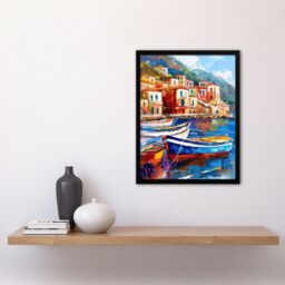 "Artery8 Colourful Fishing Village Oil Painting Harbour Framed Art Print in Blue - Size: W12"" x H16""" - thumbnail 4