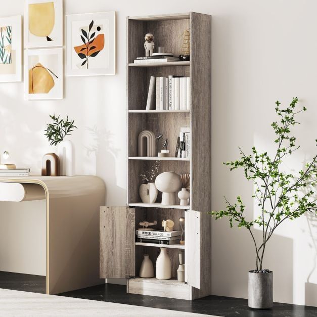 Costway 6-Tier Bookshelf 180cm Tall Bookcase w/4 Open Cubes & Double Doors Grey - image 1