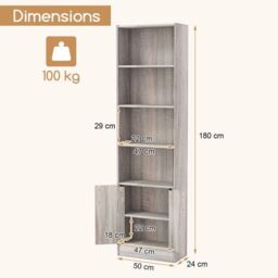 Costway 6-Tier Bookshelf 180cm Tall Bookcase w/4 Open Cubes & Double Doors Grey - thumbnail 3