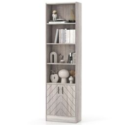 Costway 6-Tier Bookshelf 180cm Tall Bookcase w/4 Open Cubes & Double Doors Grey - thumbnail 2