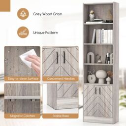 Costway 6-Tier Bookshelf 180cm Tall Bookcase w/4 Open Cubes & Double Doors Grey - thumbnail 4